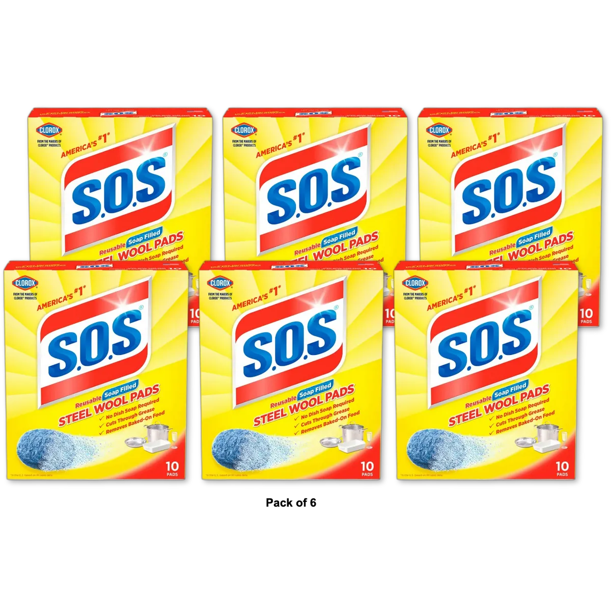 S.O.S Steel Wool Soap Scrubber Sponge Pads 2.88oz (Pack of 6)