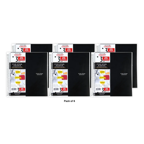 Five Star Spiral Notebook 3-Subject Wide Ruled Paper 10-1/2" x 8" 150 Sheets Color Will Vary 21.44oz (Pack of 6)