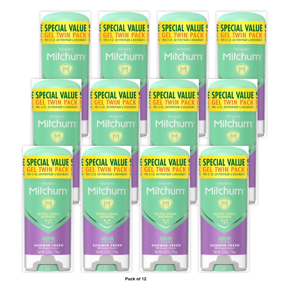 Mitchum Women’s Antiperspirant Deodorant Gel Stick Shower Fresh Scent 48HR Sweat & Odor Protection 2ct 3.4 oz (Pack of 12)