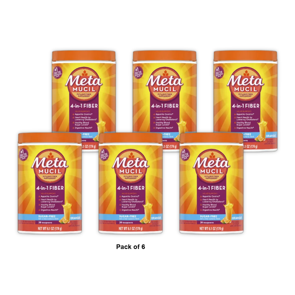 Metamucil Psyllium Fiber Supplement Orange Sugar Free Smooth Texture Powder 30 Doses 6.1oz (Pack of 6)
