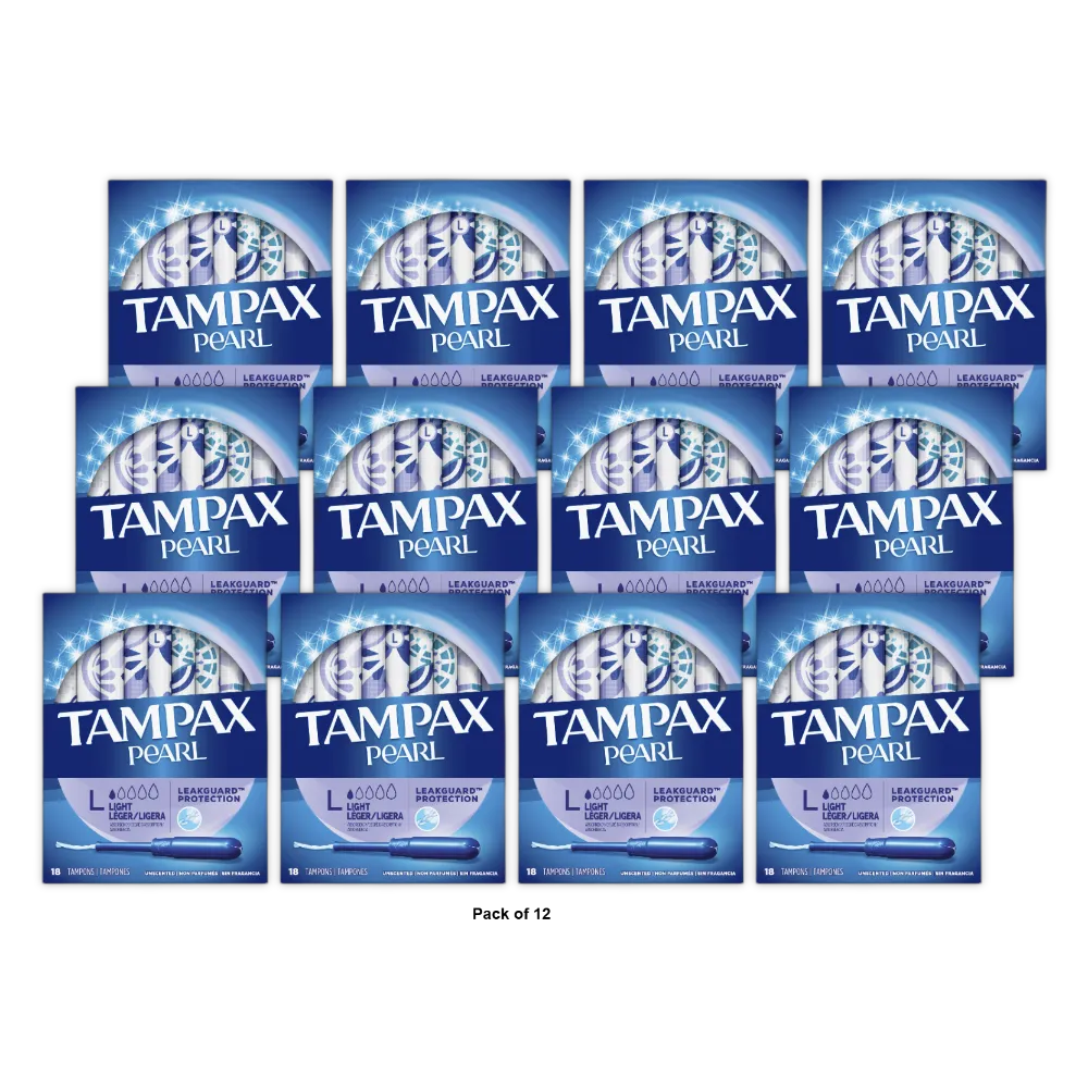 Tampax Pearl Tampons Light Absorbency With Leakguard Braid Unscented 18Count 3.53oz (Pack of 12)
