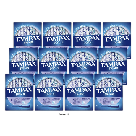 Tampax Pearl Tampons Light Absorbency With Leakguard Braid Unscented 18Count 3.53oz (Pack of 12)