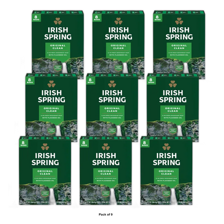 Irish Spring Original Clean Deodorant Bar Soap for Men 29.6Oz (Pack of 9)