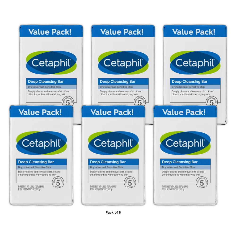 Cetaphil Deep Cleansing Bar Soap 3 Bars 13.5Oz (Pack of 6)