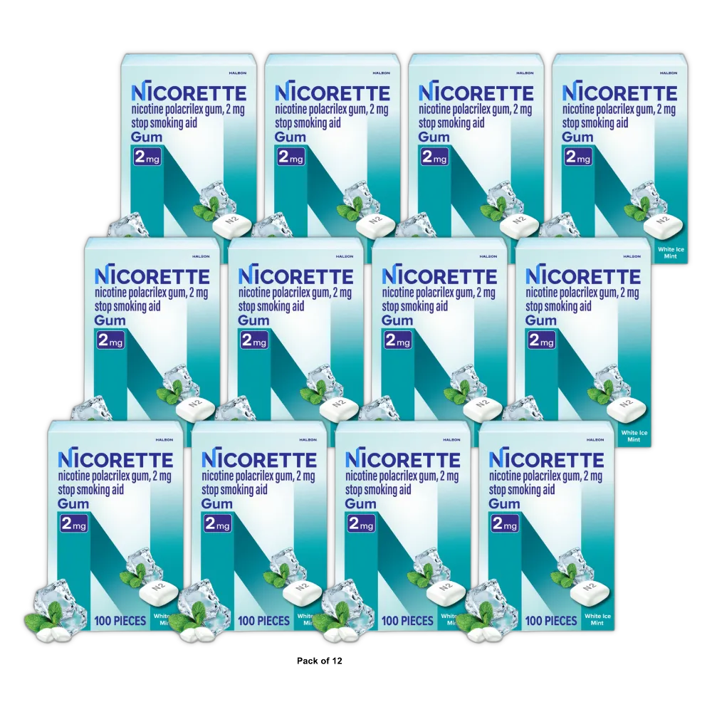 Nicorette 2mg Gum Stop Smoking Aid Fruit Chill 6.33Oz (Pack of 12)