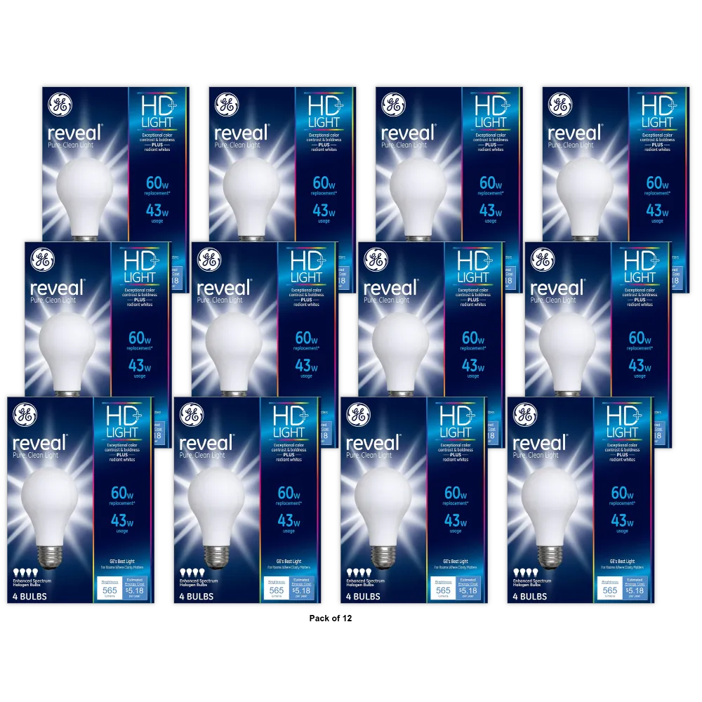 GE Lighting Reveal Clean Light Bulbs 43 Watt Enhanced Spectrum Halogen Bulbs 8.4Oz (Pack of 12)