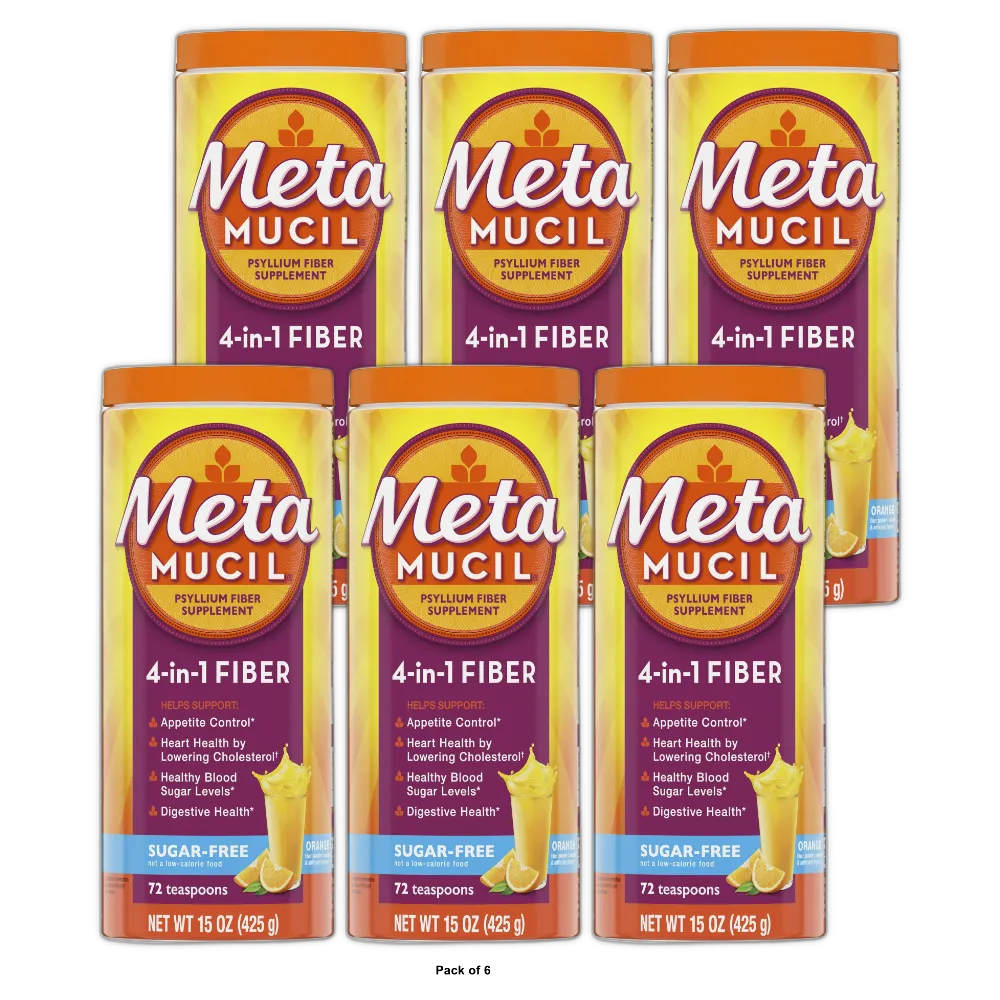Metamucil Smooth Texture Bulk Forming Sugar Free Orange Flavor Powder 15Oz (Pack of 6)