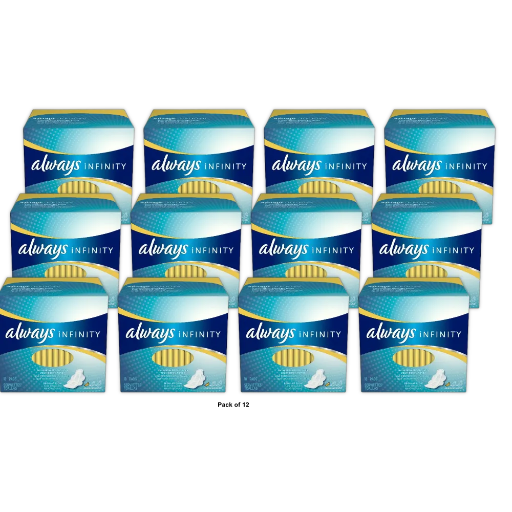 Always Infinity Regular Flow Protection Pads With Revolutionary Wings18 Pads 4.2Oz (Pack of 12)
