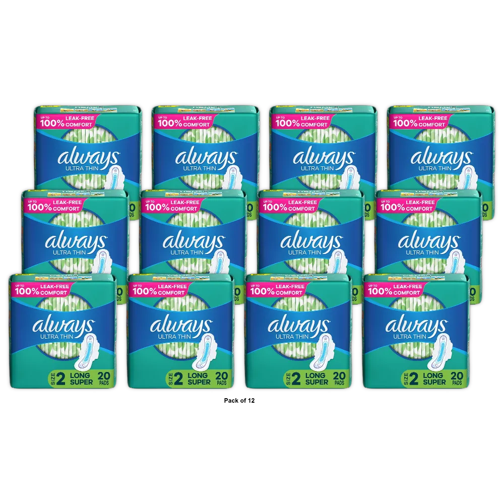 Always Ultra Thin Daytime Pads with Wings Size 2 Long Super Unscented 2.9Oz (Pack of 12)