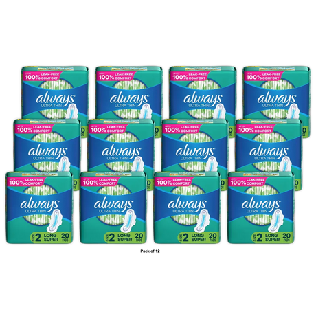 Always Ultra Thin Daytime Pads with Wings Size 2 Long Super Unscented 2.9Oz (Pack of 12)