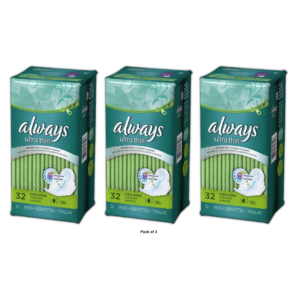 Always Ultra Thin Long Super Maxi Pads With Flexi-Wings32 Pads 6 Pack 38.1Oz (Pack of 3)