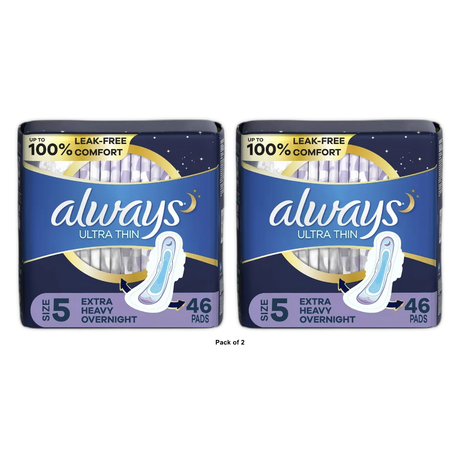 Always Ultra Thin Overnight Pads with Wings Extra Heavy Overnight Absorbency Size 5 11.08Oz (Pack of 2)