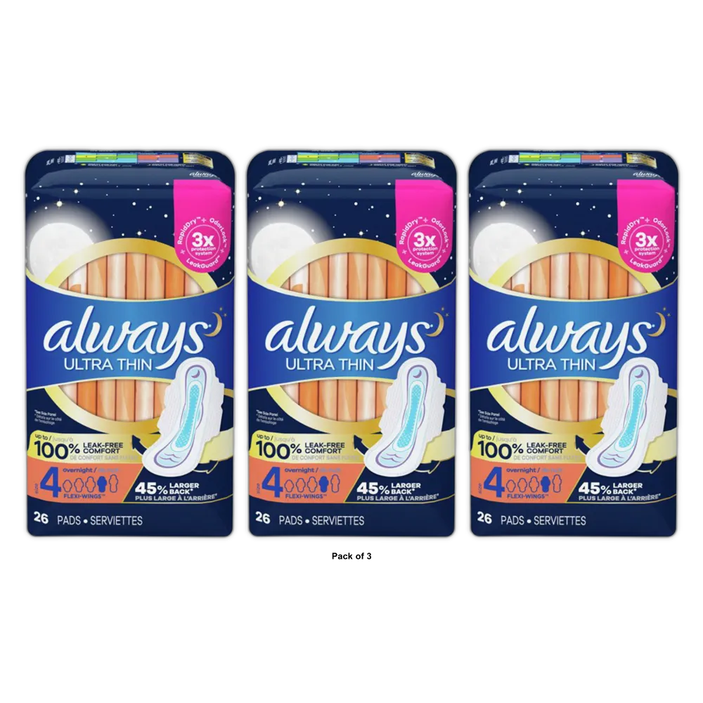 Always Ultra Thin Pads Overnight Absorbency Unscented with Wings Size 4 5.93Oz (Pack of 3)