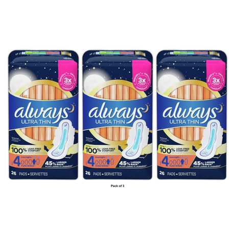 Always Ultra Thin Pads Overnight Absorbency Unscented with Wings Size 4 5.93Oz (Pack of 3)