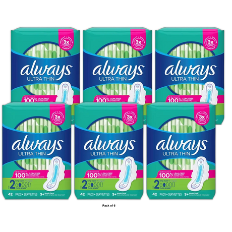 Always Ultra Thin Pads Size 2 Long Absorbency Unscented With Wings 8.6Oz (Pack of 6)