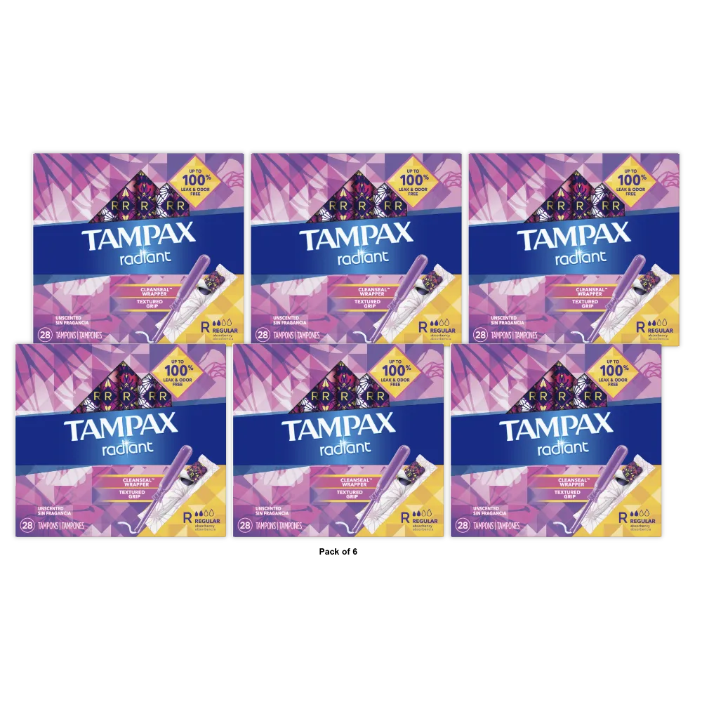 Radiant Regular Absorbency Unscented Plastic Tampons by Tampax 6.56Oz (Pack of 6)