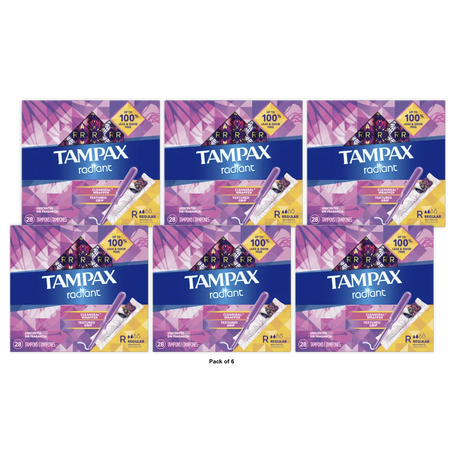 Radiant Regular Absorbency Unscented Plastic Tampons by Tampax 6.56Oz (Pack of 6)