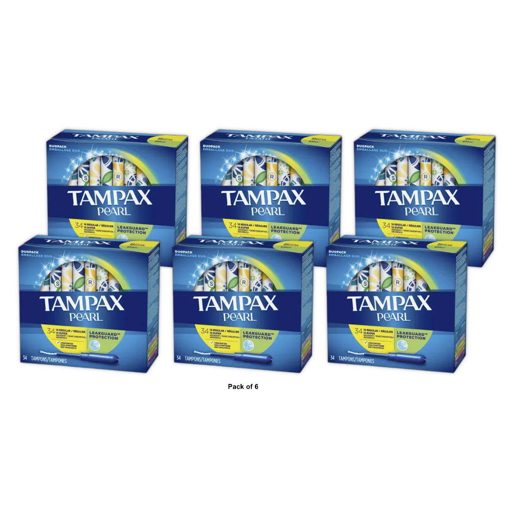 Tampax Pearl Duopack Plastic Tampons Regular and Super Unscented 7.58Oz (Pack of 6)