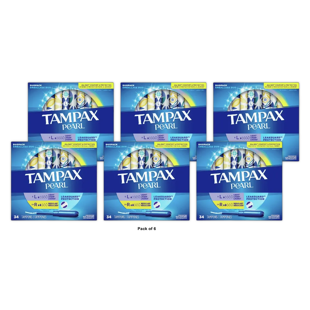 Tampax Pearl Tampons Duo Pack Light And Regular Absorbency Unscented 7.2Oz (Pack of 6)