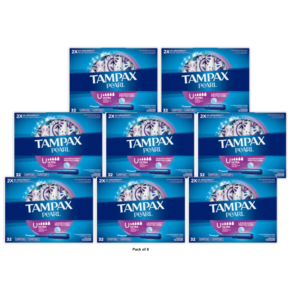 Tampax Pearl Tampons Ultra Absorbency with LeakGuard Braid 6.74Oz (Pack of 8)