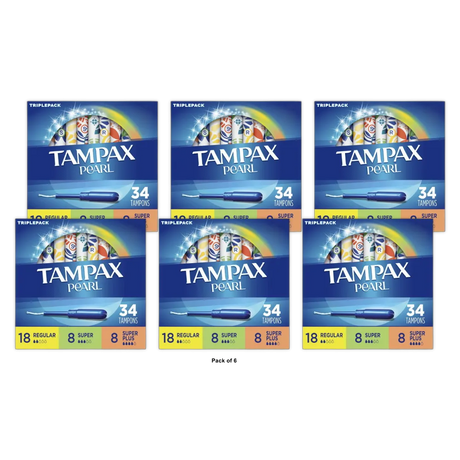 Tampax Pearl TriplePack Tampons Regular/Super/Super Plus Unscented 7.2Oz (Pack of 6)
