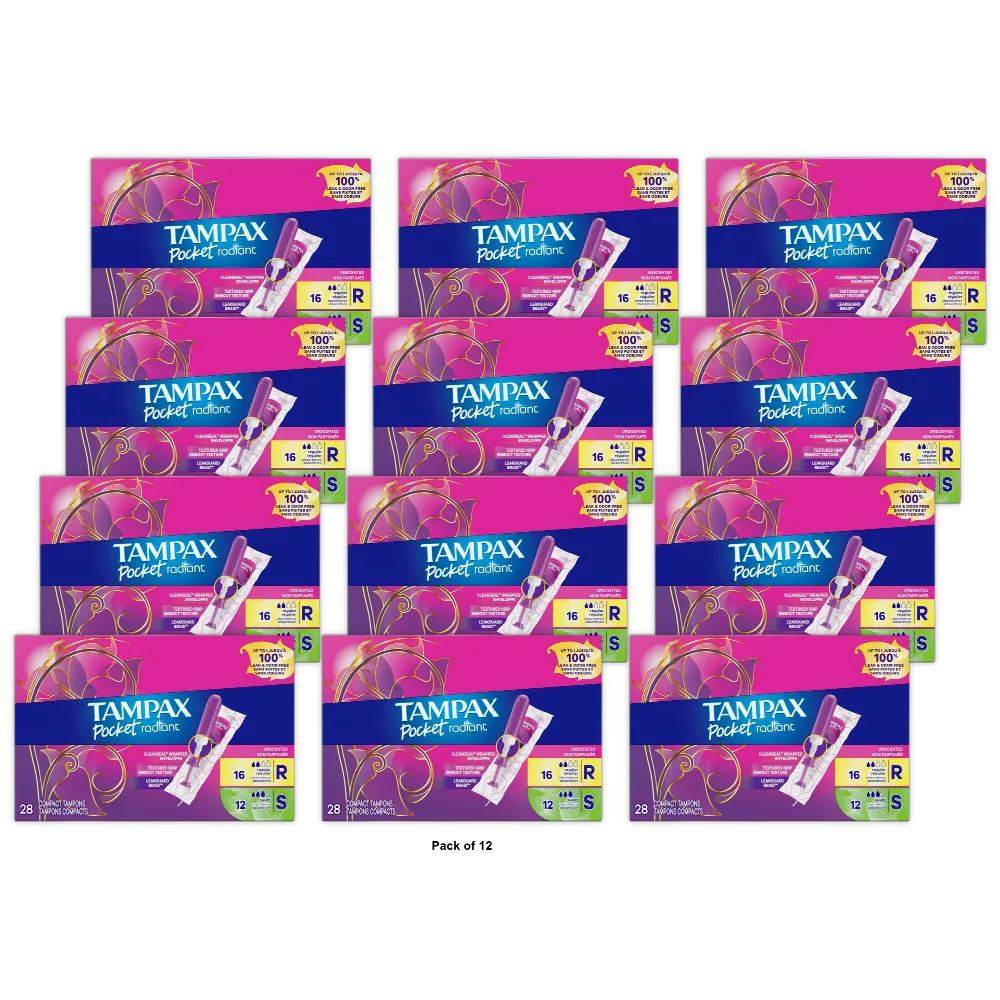 Tampax Pocket Radiant Compact Tampons Duo Pack Regular And Super Absorbency Unscented (Pack of 12)