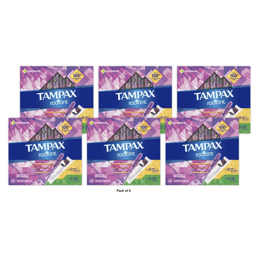 Tampax Radiant Duopack Regular/Super Absorbency Unscented Plastic Tampons (Pack of 6)