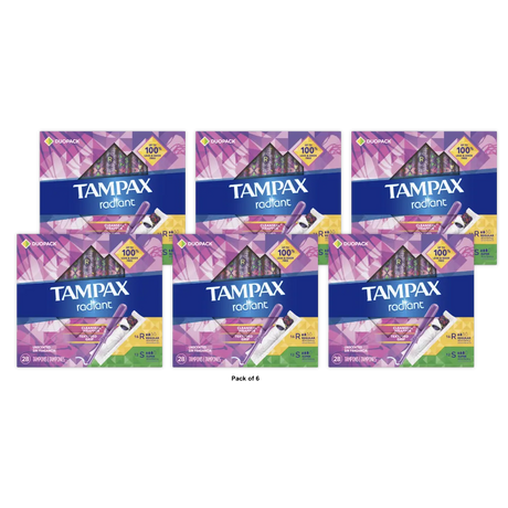 Tampax Radiant Duopack Regular/Super Absorbency Unscented Plastic Tampons (Pack of 6)