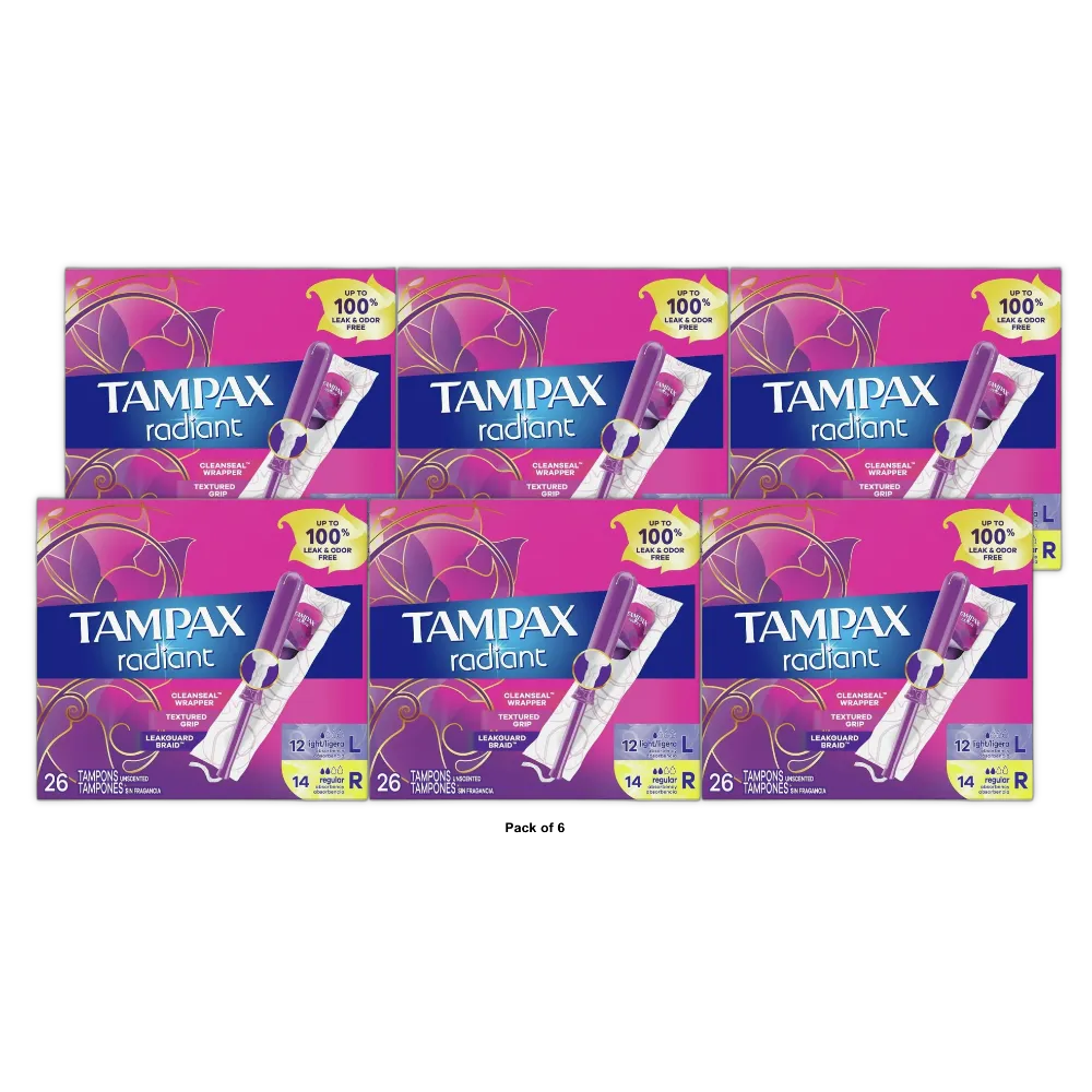 Tampax Radiant Tampons Light Absorbency Regular Unscented 6.3Oz (Pack of 6)