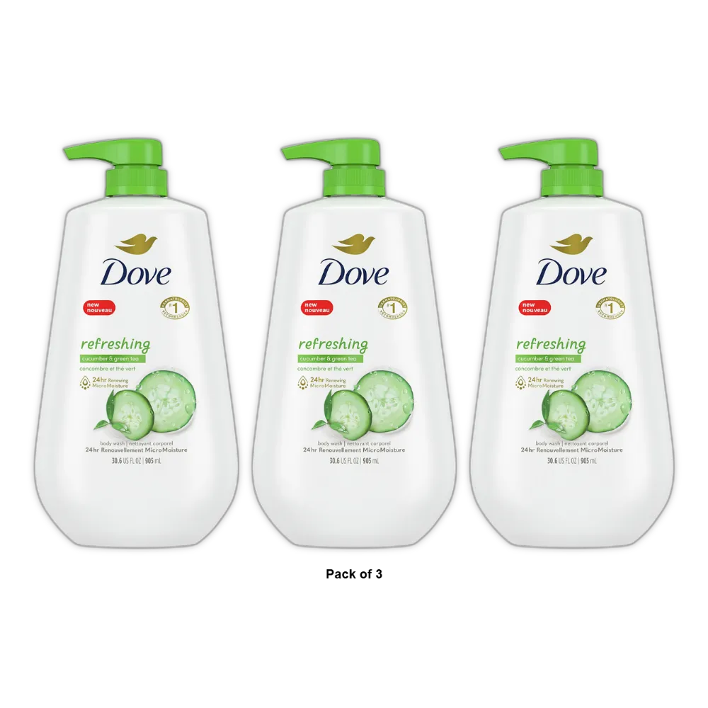 Dove Refreshing Long Lasting Gentle Body Wash Cucumber and Green Tea 30.6Oz (Pack of 3)