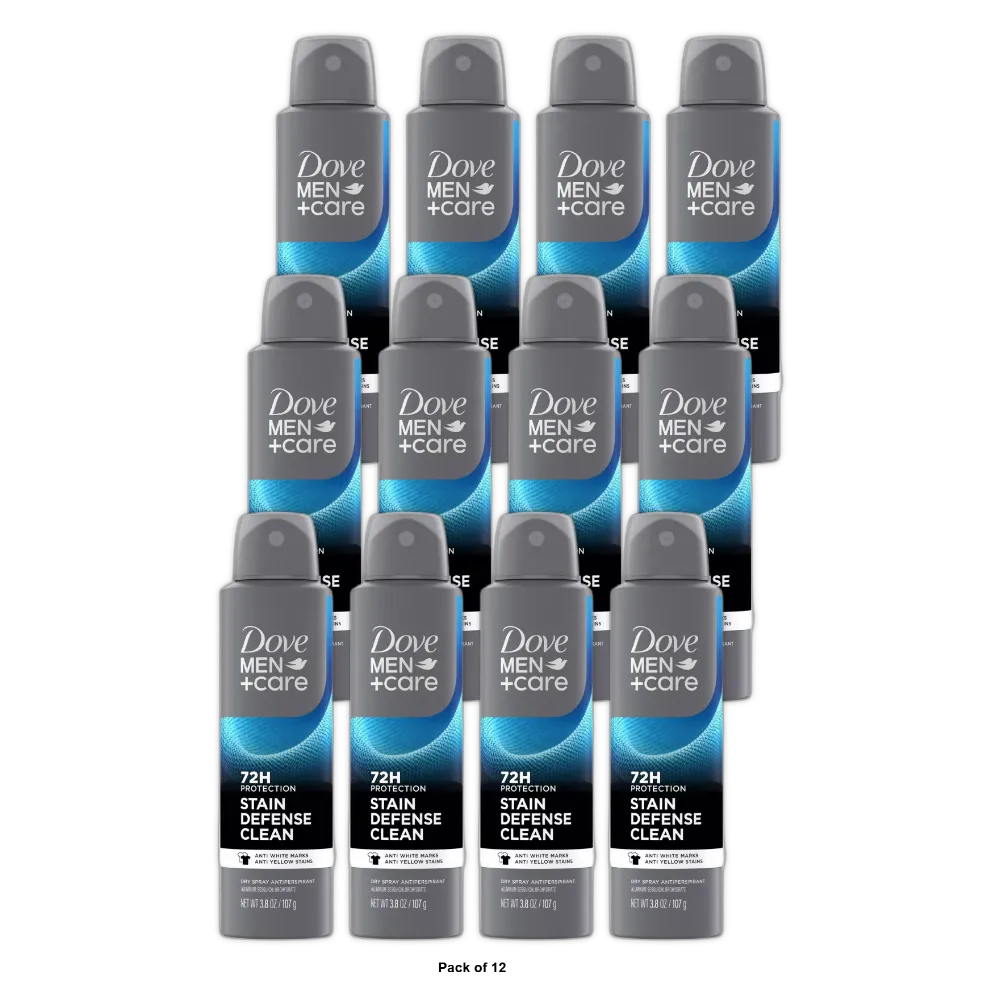 Dove Men Care Stain Defense Clean 72H Dry Spray Antiperspirant Deodorant 3.8Oz (Pack of 12)