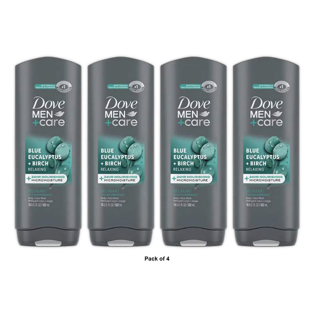 Dove Men Plus Care Body and Face Wash Blue Eucalyptus Plus Birch 18Oz (Pack of 4)