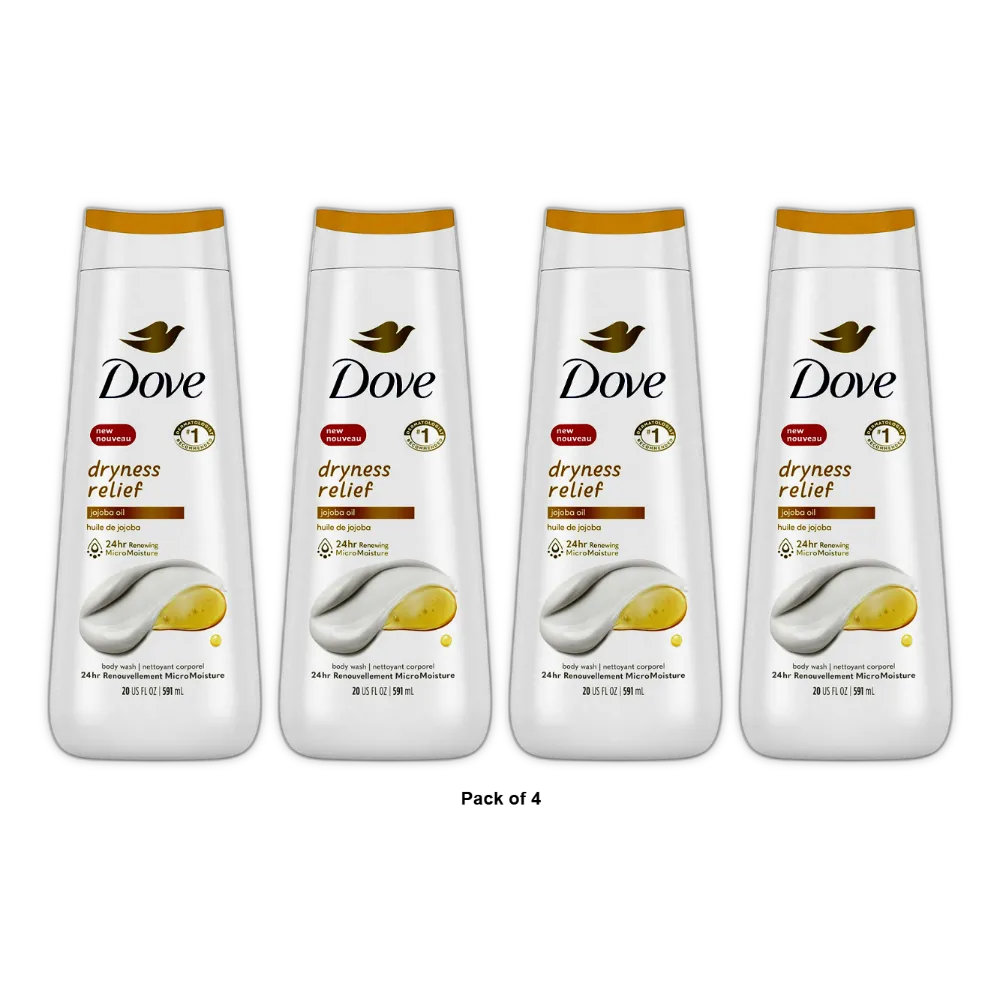 Dove Dryness Relief with Jojoba Oil Womens Body Wash Soap 22Oz (Pack of 4)
