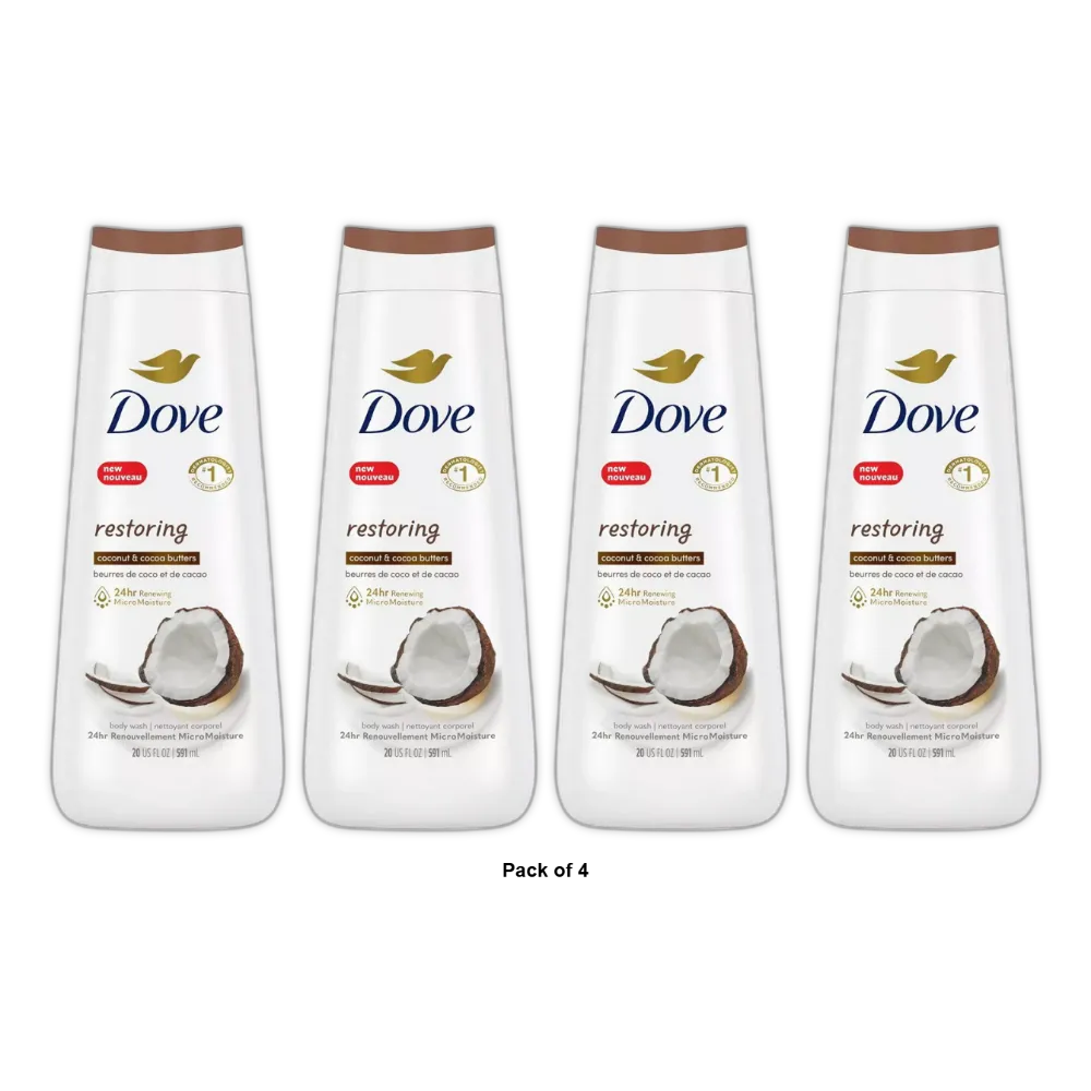Dove Beauty Restoring Coconut Butter & Cocoa Butter Nourishing Body Wash 20Oz (Pack of 4)