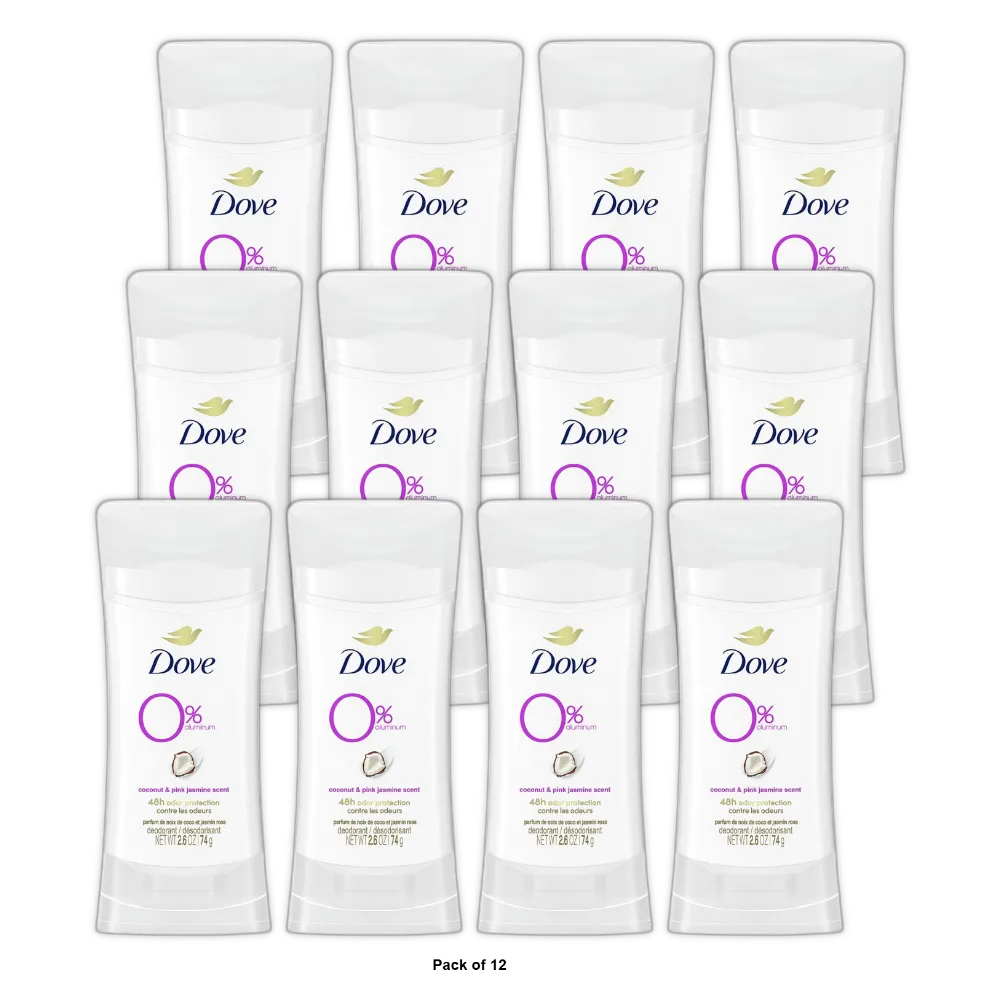 Dove Beauty 0% Aluminum Deodorant Stick Coconut And Pink Jasmine 2.6Oz (Pack of 12)