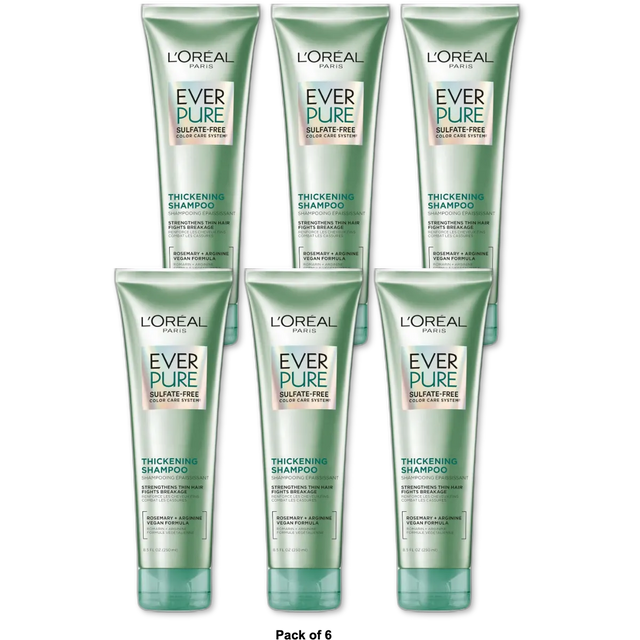 L'Oreal Paris Sulfate Free Thickening Shampoo for Fortifying Fine Hair EverPure 8.5 fl oz (Pack of 6)