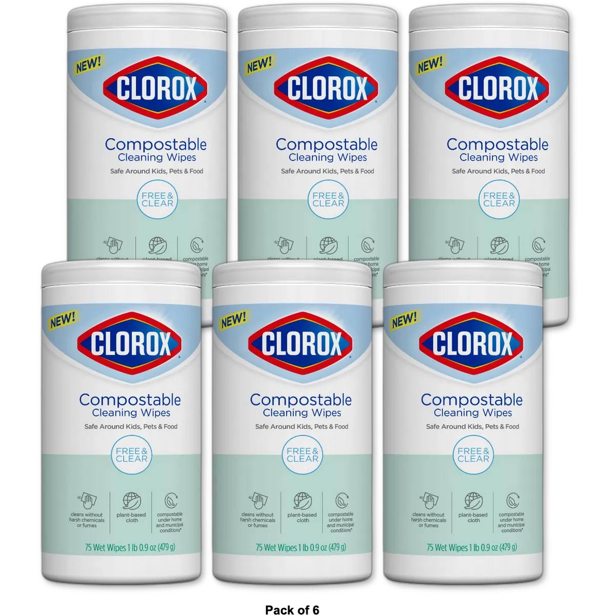 Clorox Wipes Free & Clear 75 Count 5.39oz (Pack of 6)