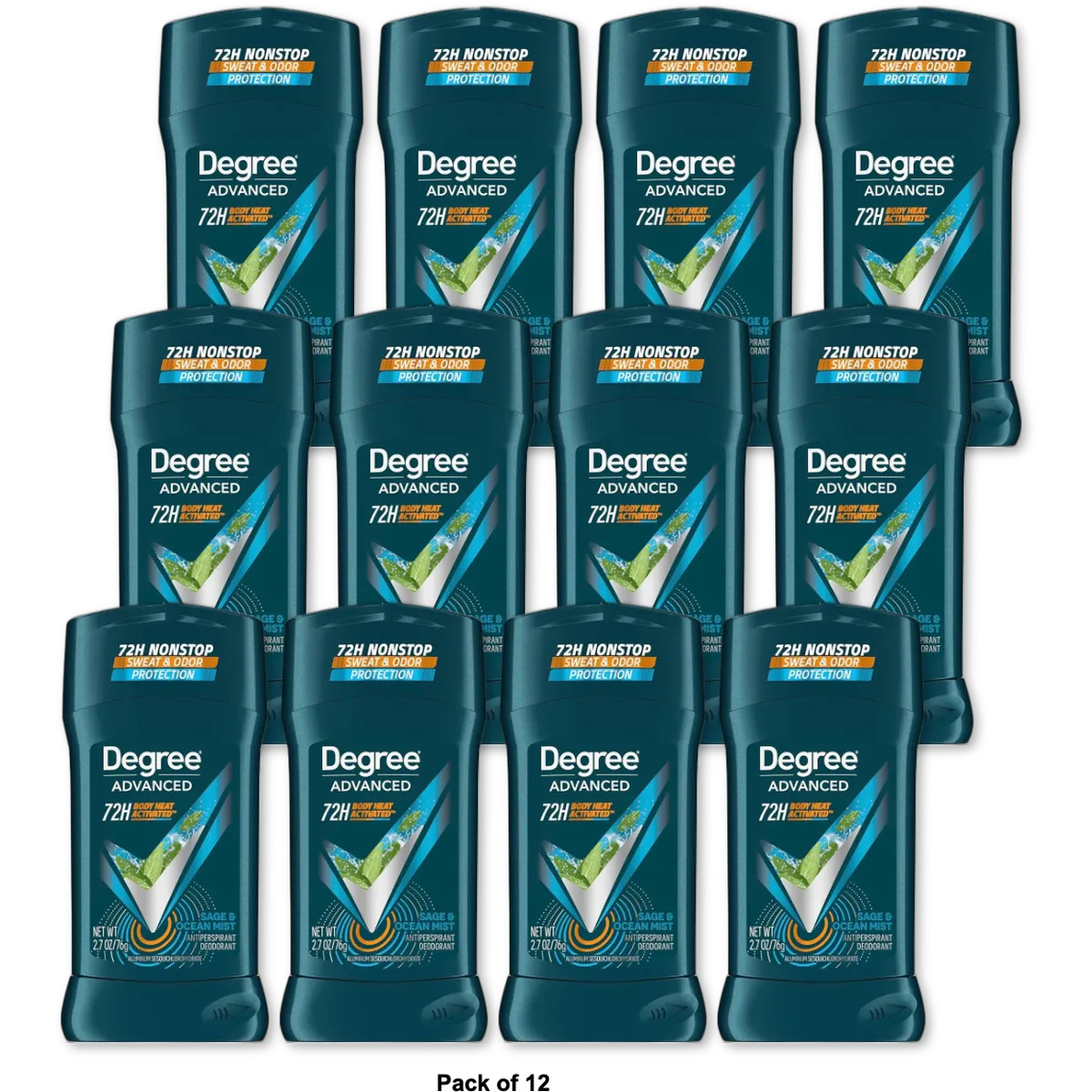 Degree Men Antiperspirant Deodorant Sage & Ocean Mist 72-Hour Sweat and Odor Protection 2.7 Oz (Pack of 12)