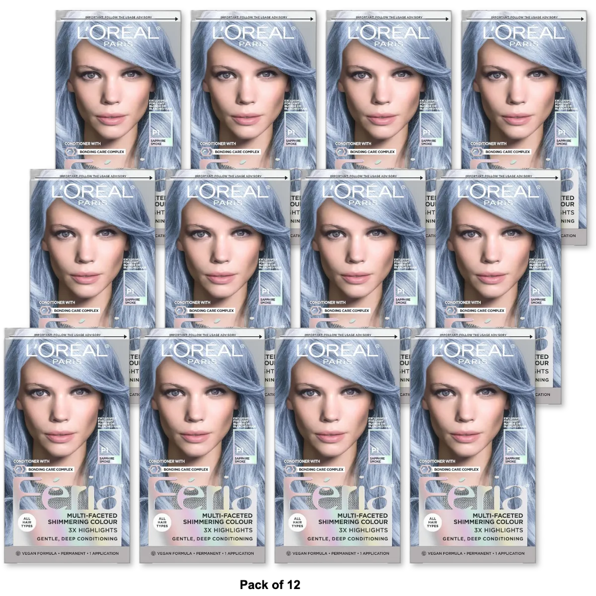 L'Oreal Paris Feria Shimmering Permanent Hair Color P1 Sapphire Smoke 9.6oz (Smokey Blue) 1 Kit (Pack of 12)