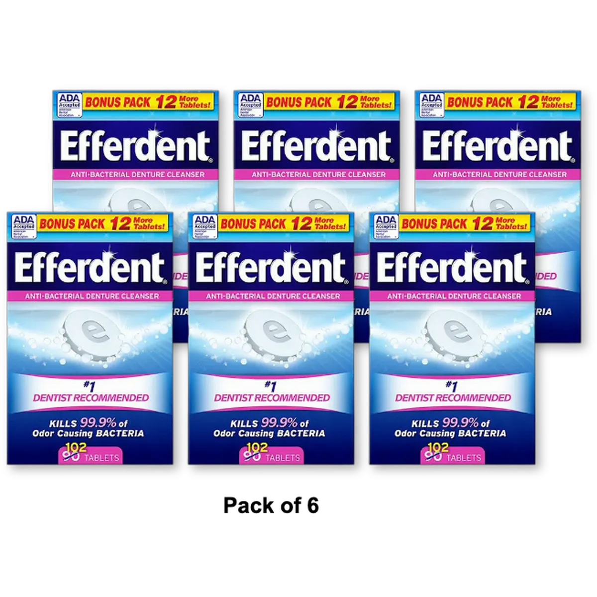 Efferdent Anti-Bacterial Denture Cleanser Tablets102 ea 8.955oz (Pack of 6)