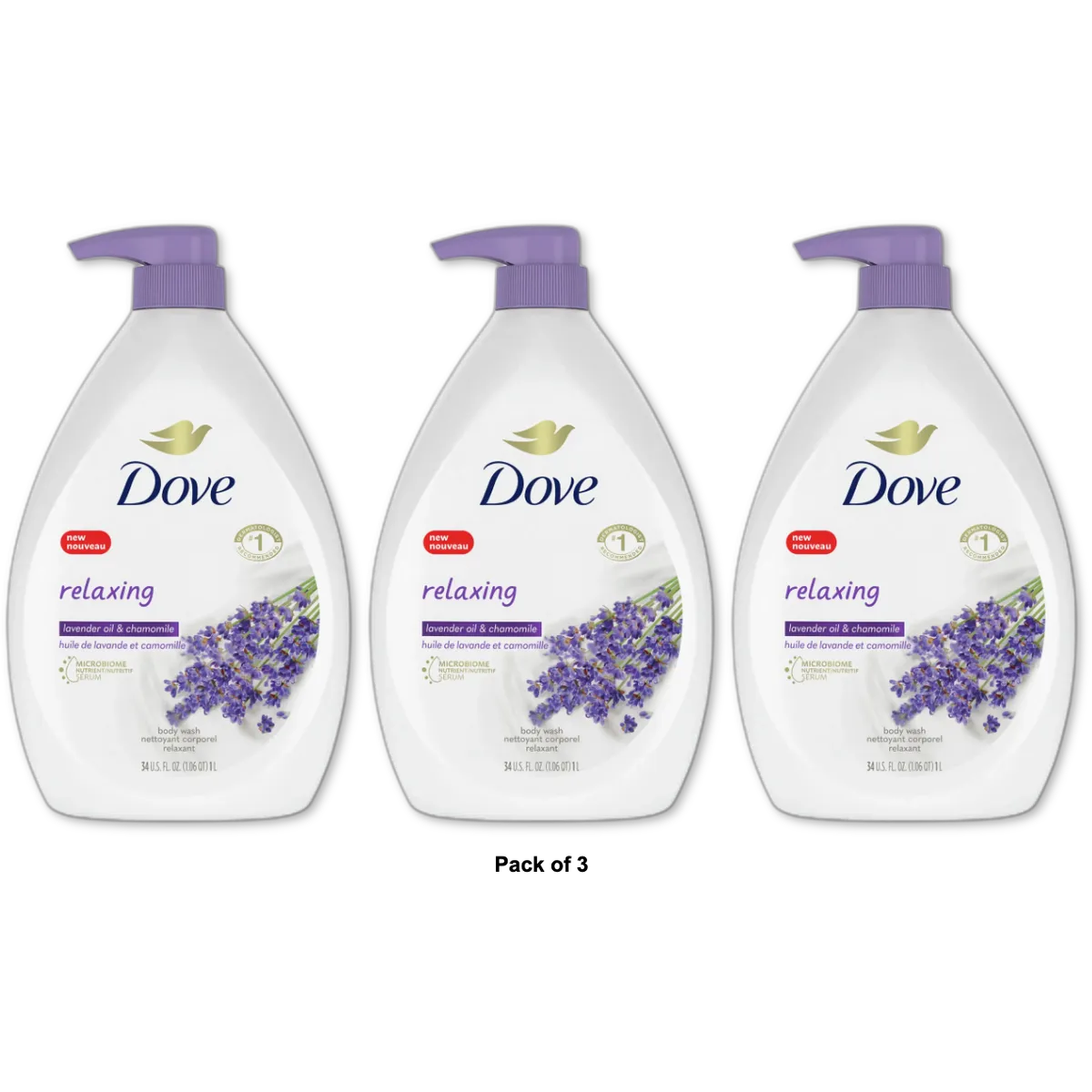 Dove Relaxing Long Lasting Gentle Women's Body Wash Lavender Oil and Chamomile 30.6 oz (Pack of 3)