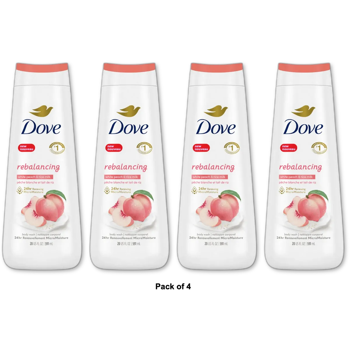 Dove Rebalancing Body Wash Peach and rice milk 20Oz (Pack of 4)