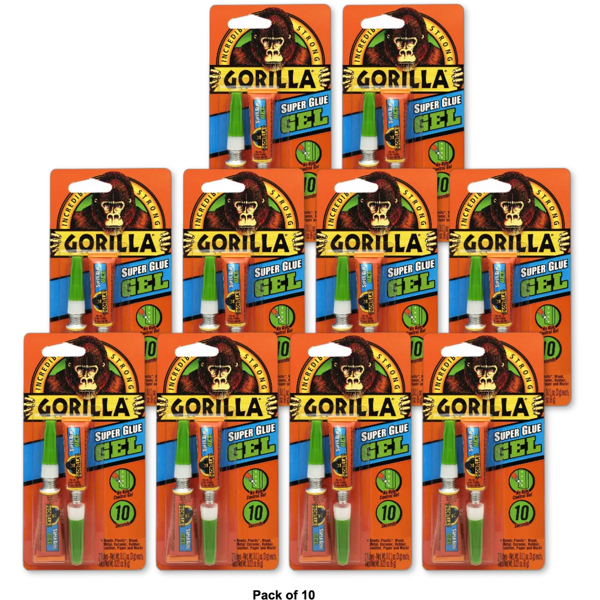 Gorilla Super Glue Gel Two 3 Gram Tubes Clear 0.22Oz (Pack Of 10)