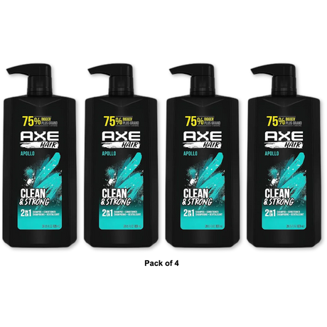 Axe Apollo Hair Clean and Strong 2 in 1 Shampoo Plus Conditioner 28Oz (Pack of 4)