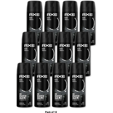 Axe Black Deodorant Body Spray for Men 4Oz (Pack of 12)
