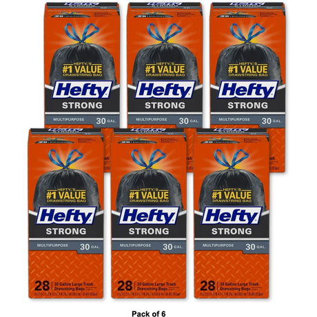 Hefty Strong Multipurpose Drawstring Trash Bags 30 Gallon 48oz (Pack of 6)