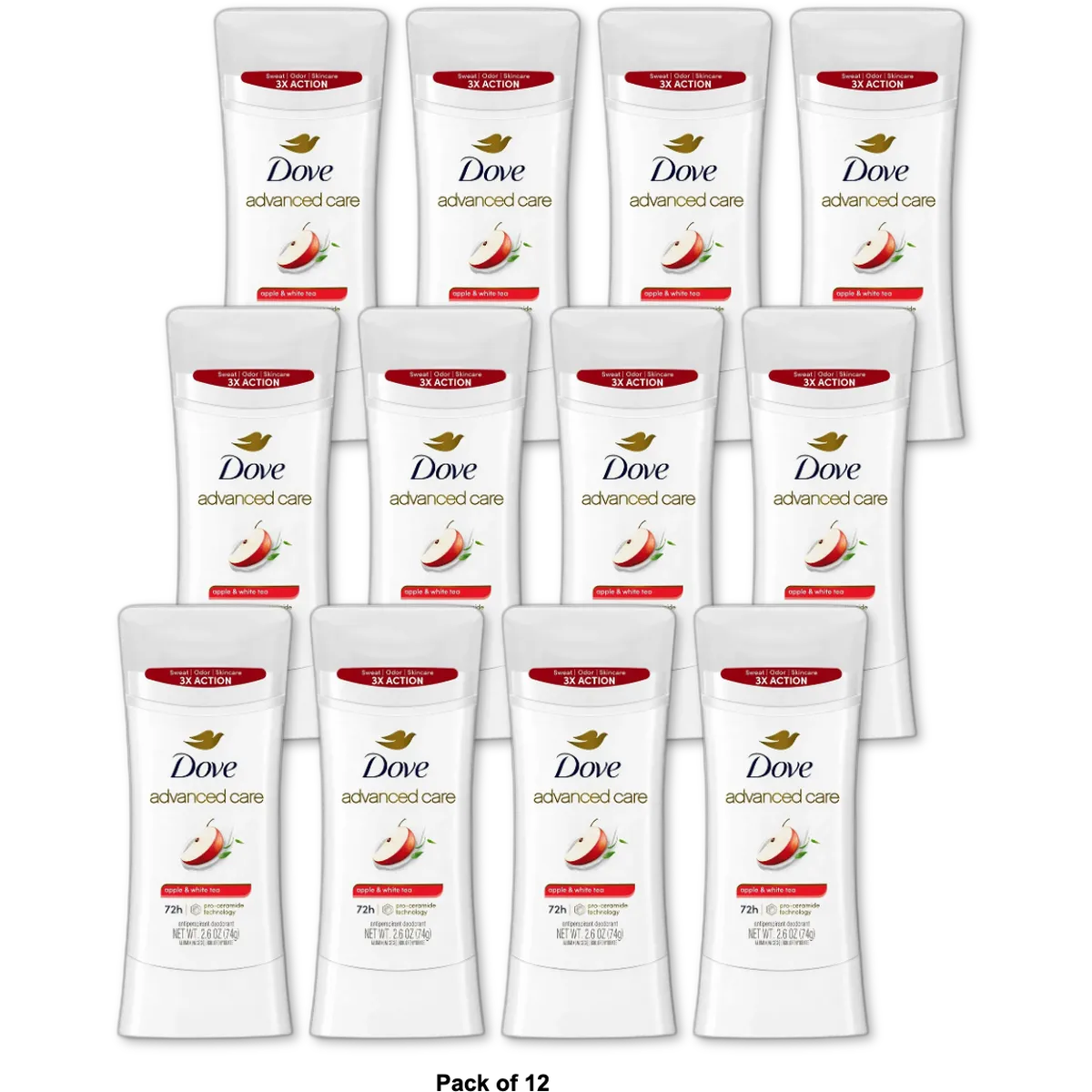 Dove Advanced Care Womens Antiperspirant Deodorant Stick Apple and White Tea 2.6Oz (Pack of 12)