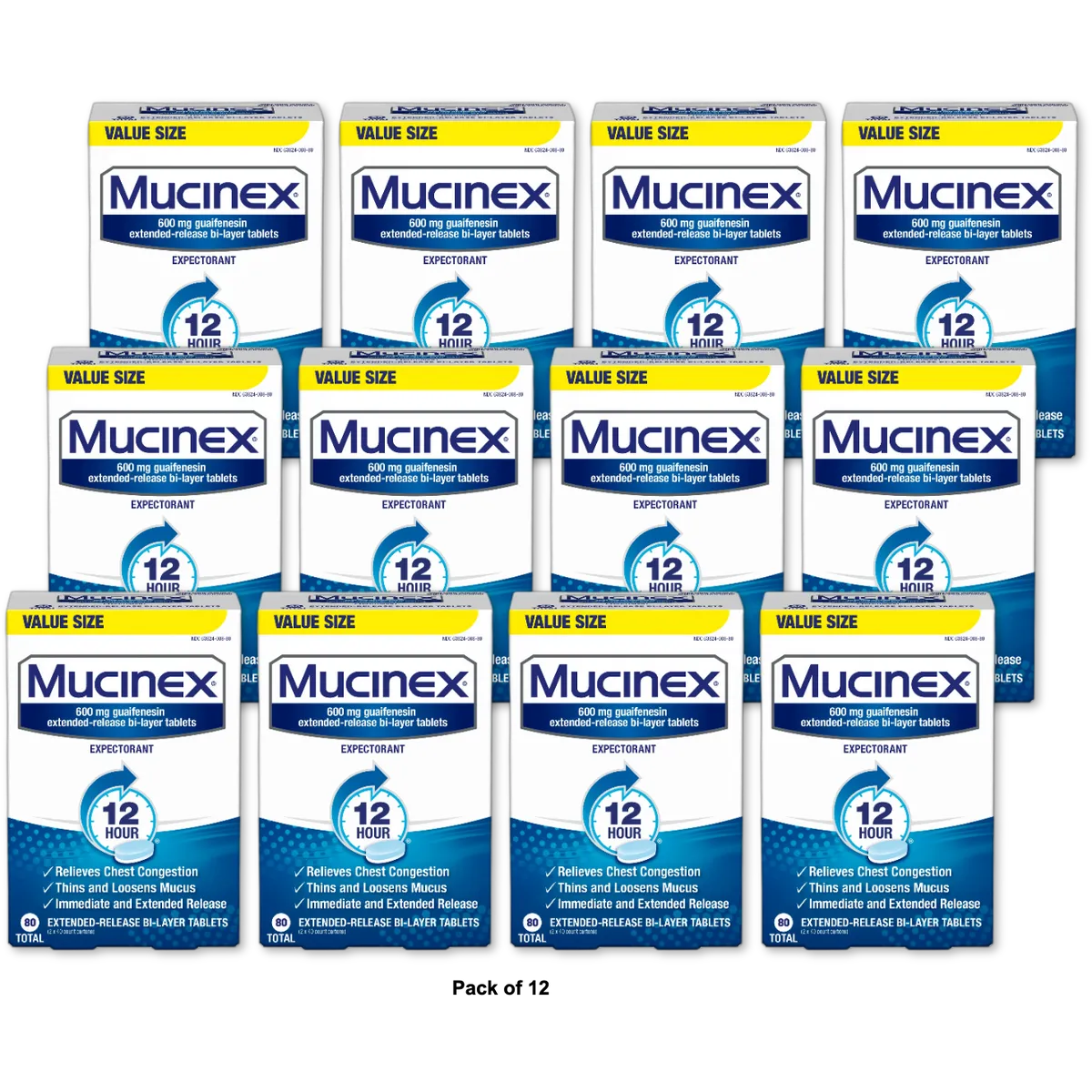 Mucinex 12 Hour Cough & Chest Congestion 80 Tablets 0.21Oz (Pack Of 12)