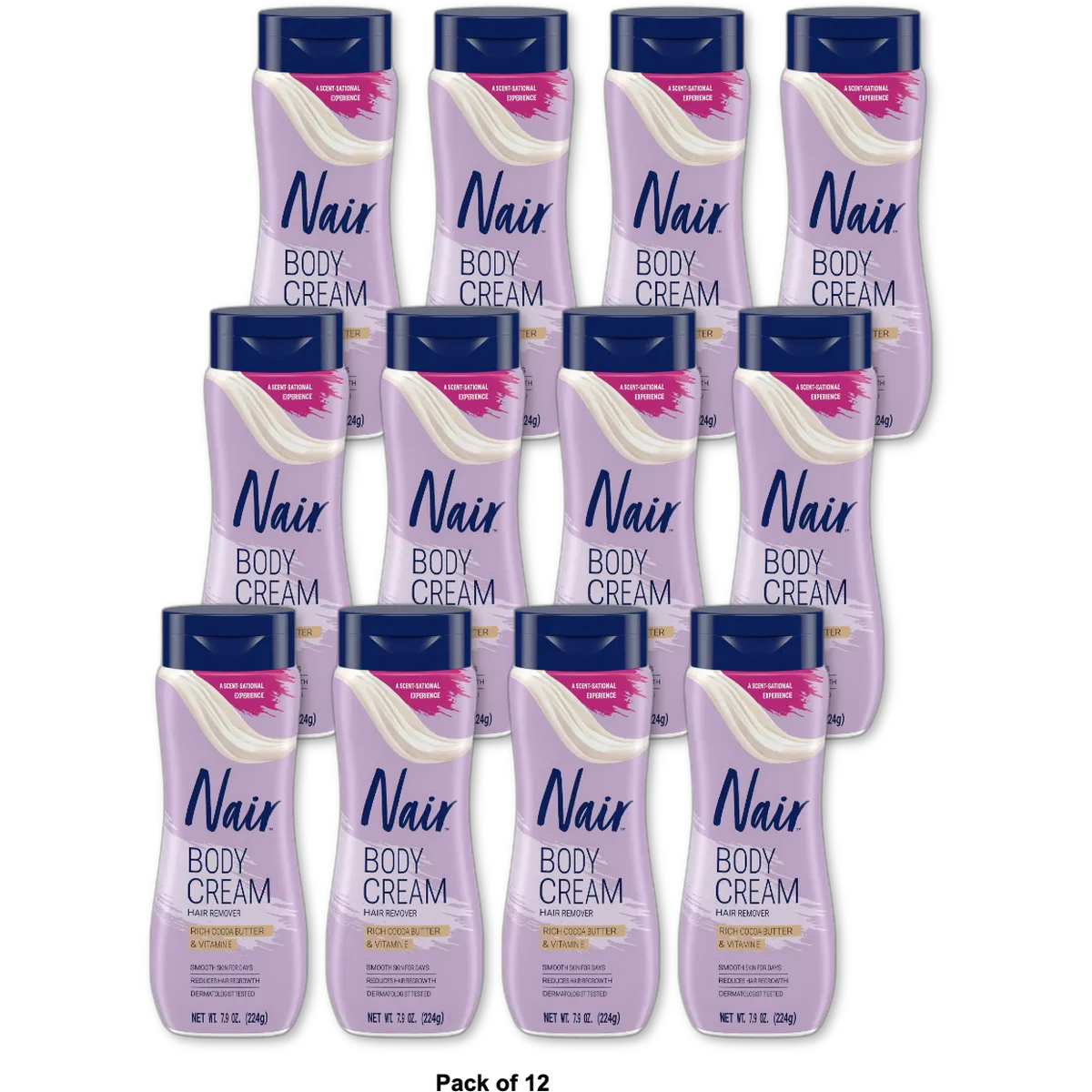 Nair Body Cream Hair Remover Cocoa Butter and Vitamin E Body Hair Removal Cream for Women 7.9 oz (Pack of 12)