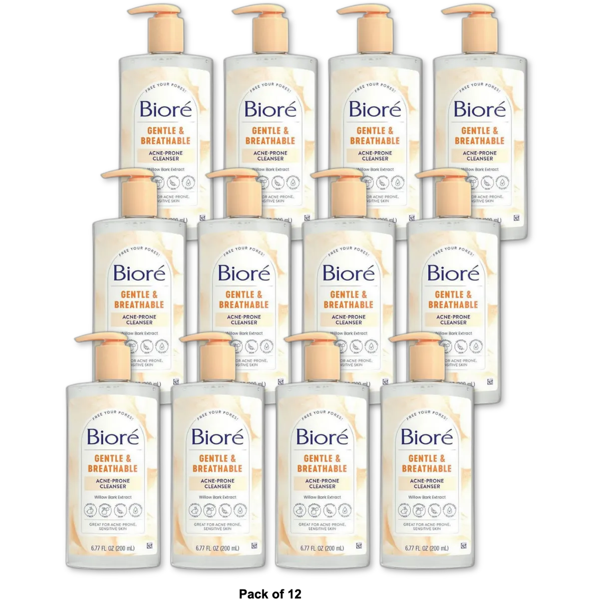 Biore Gentle & Breathable Acne Face Wash Gentle Face Cleanser for Women and Men Fragrance Free 6.77 Oz (Pack of 12)